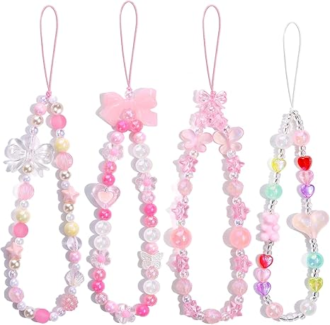 Danterore 4PCS Cute Y2K Beaded Phone Charms – Bear, Bow, Heart, Star, Anti-Theft Strap