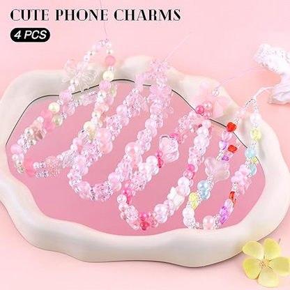 Danterore 4PCS Cute Y2K Beaded Phone Charms – Bear, Bow, Heart, Star, Anti-Theft Strap