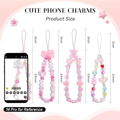Danterore 4PCS Cute Y2K Beaded Phone Charms – Bear, Bow, Heart, Star, Anti-Theft Strap