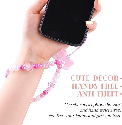 Danterore 4PCS Cute Y2K Beaded Phone Charms – Bear, Bow, Heart, Star, Anti-Theft Strap