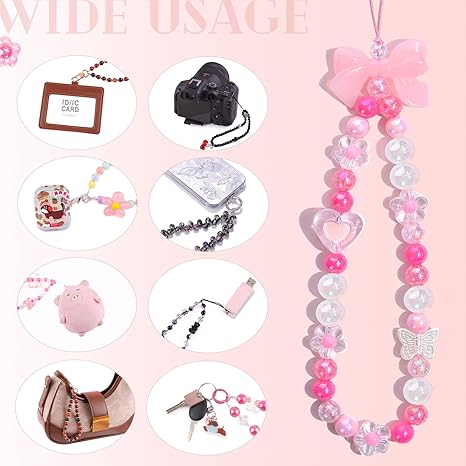 Danterore 4PCS Cute Y2K Beaded Phone Charms – Bear, Bow, Heart, Star, Anti-Theft Strap